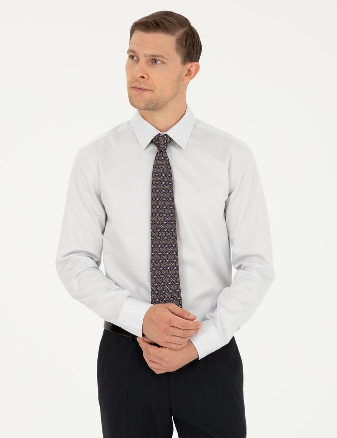 Açık Gri Slim Fit Uzun Kollu Basic Gömlek