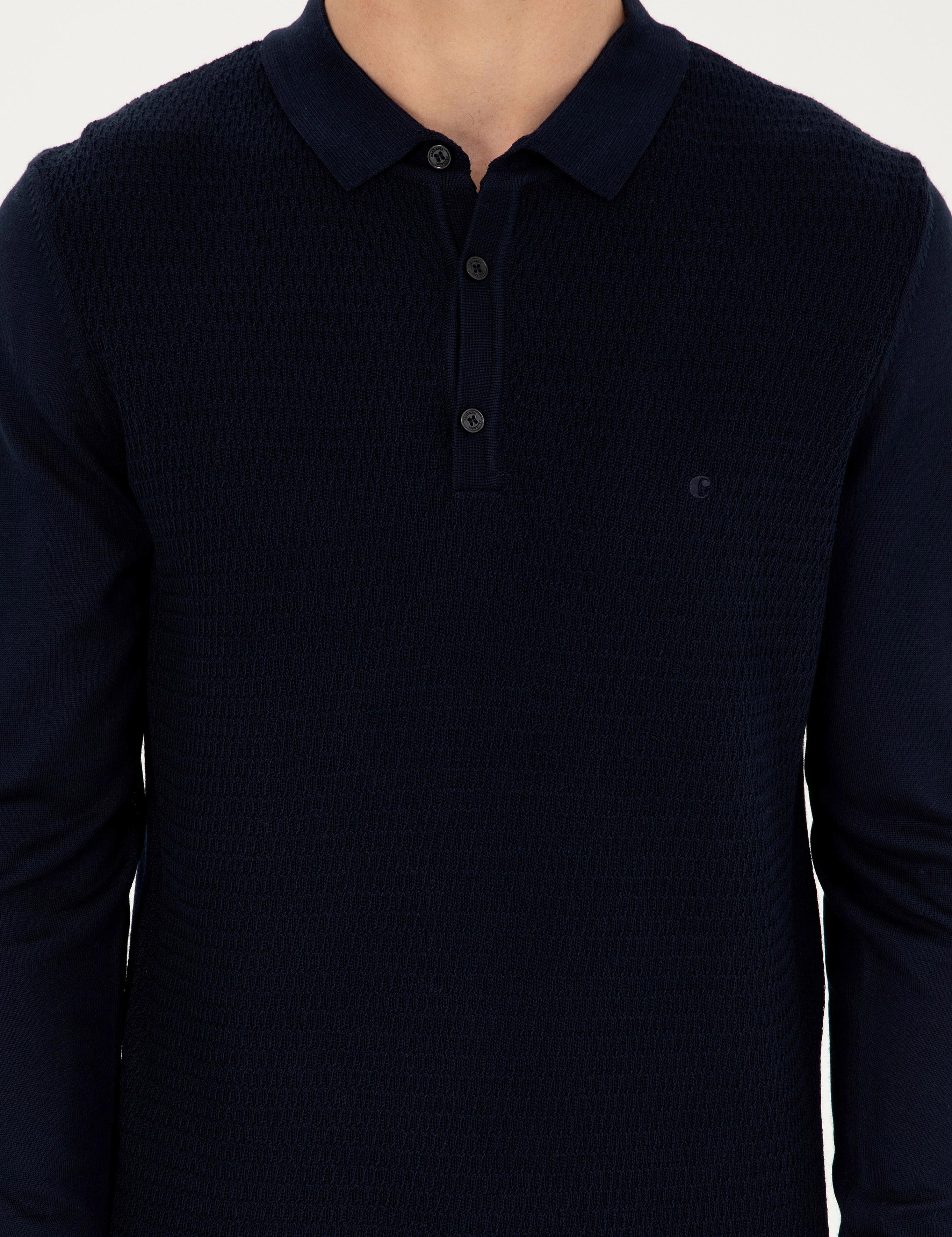Lacivert Regular Fit Yün Karışımlı Polo Yaka Triko Kazak - 50279605017
