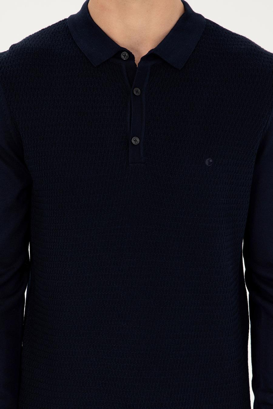 Lacivert Regular Fit Yün Karışımlı Polo Yaka Triko Kazak - 50279605017