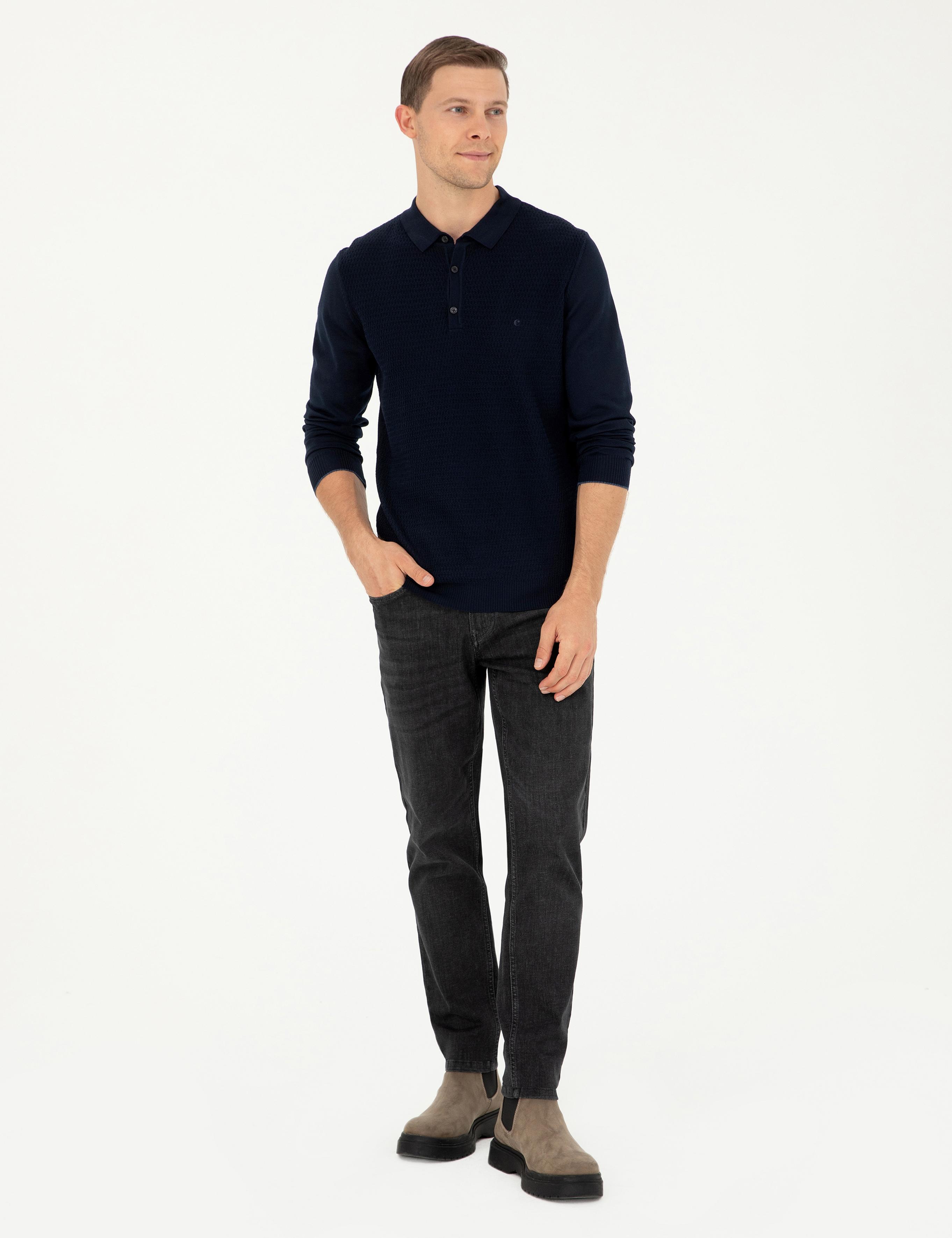 Lacivert Regular Fit Yün Karışımlı Polo Yaka Triko Kazak - 50279605017