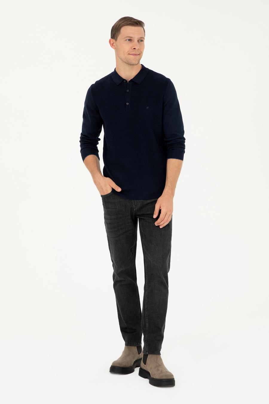 Lacivert Regular Fit Yün Karışımlı Polo Yaka Triko Kazak - 50279605017