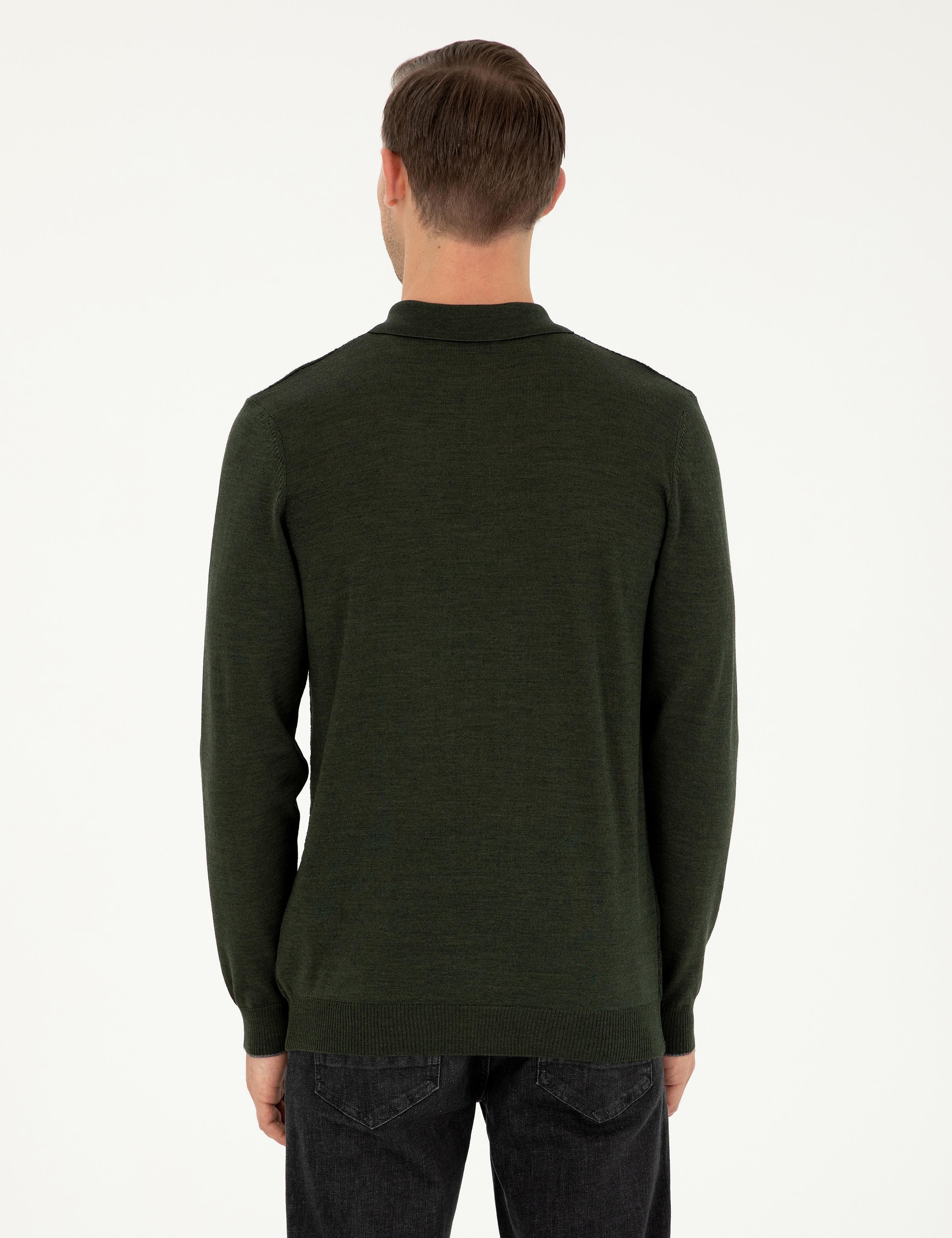 Haki Regular Fit Yün Karışımlı Polo Yaka Triko Kazak - 50279605005