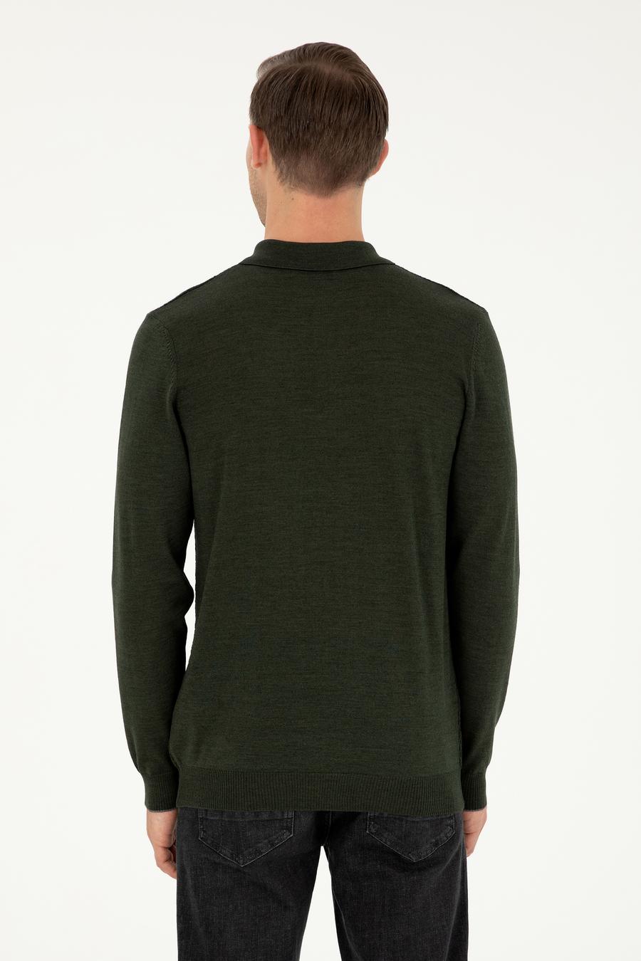 Haki Regular Fit Yün Karışımlı Polo Yaka Triko Kazak - 50279605005