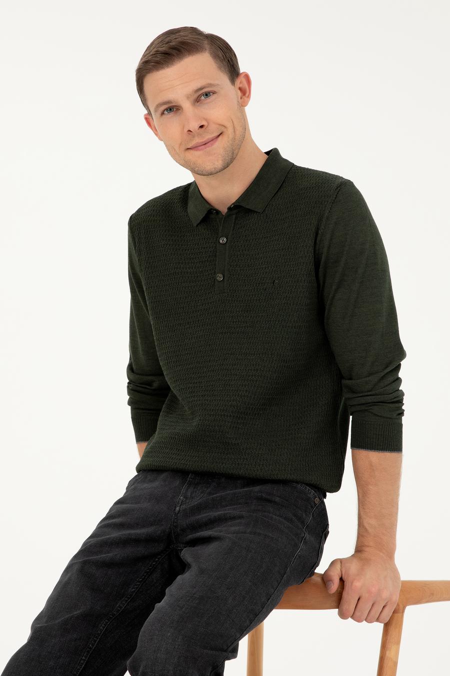 Haki Regular Fit Yün Karışımlı Polo Yaka Triko Kazak - 50279605005