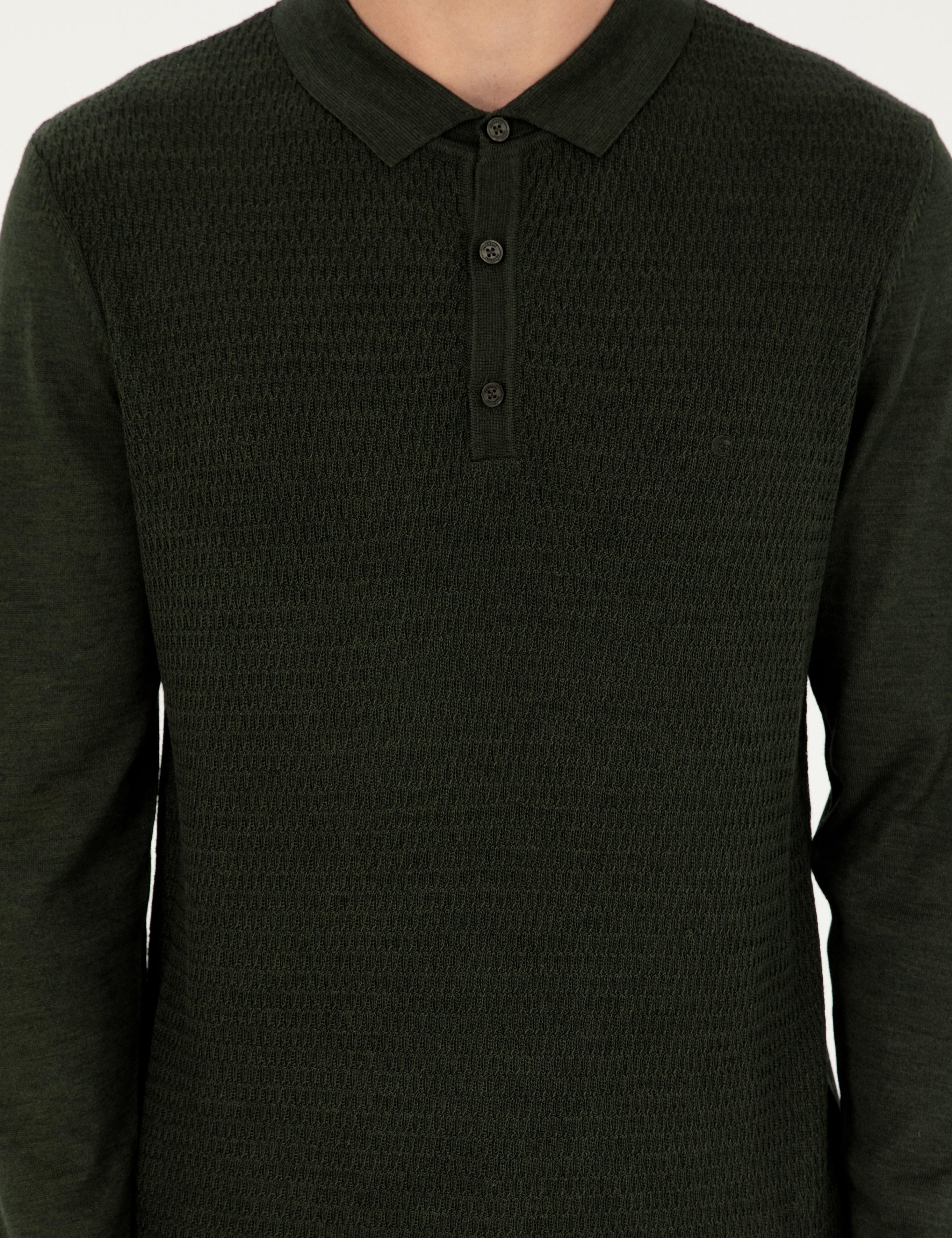 Haki Regular Fit Yün Karışımlı Polo Yaka Triko Kazak - 50279605005