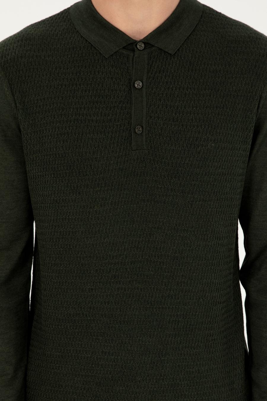 Haki Regular Fit Yün Karışımlı Polo Yaka Triko Kazak - 50279605005