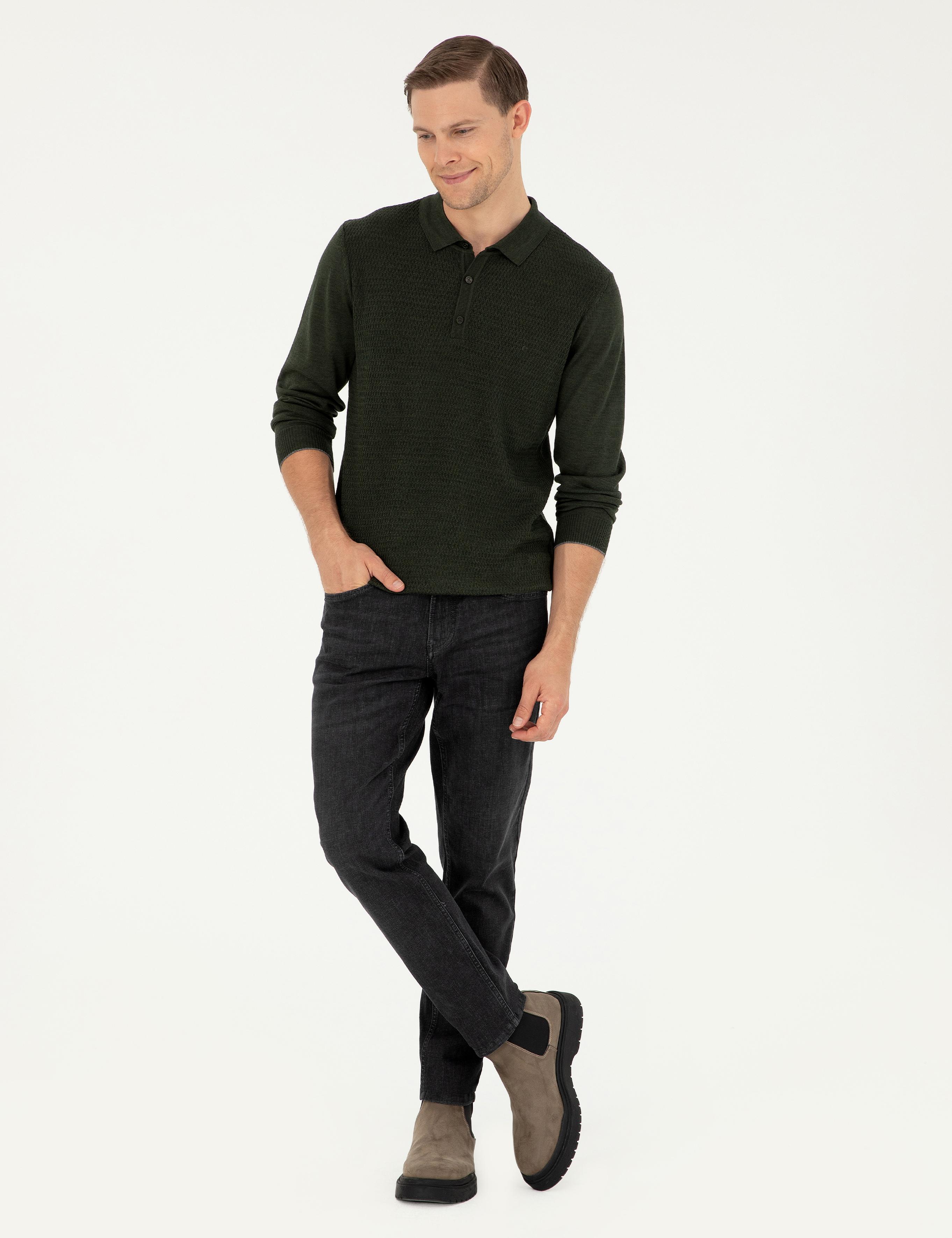 Haki Regular Fit Yün Karışımlı Polo Yaka Triko Kazak - 50279605005