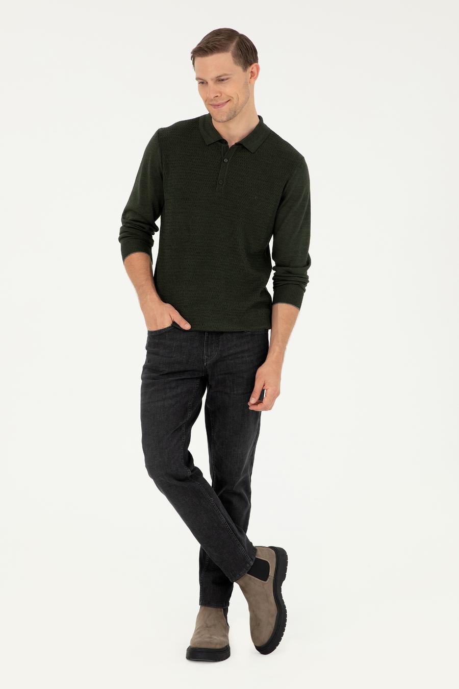 Haki Regular Fit Yün Karışımlı Polo Yaka Triko Kazak - 50279605005