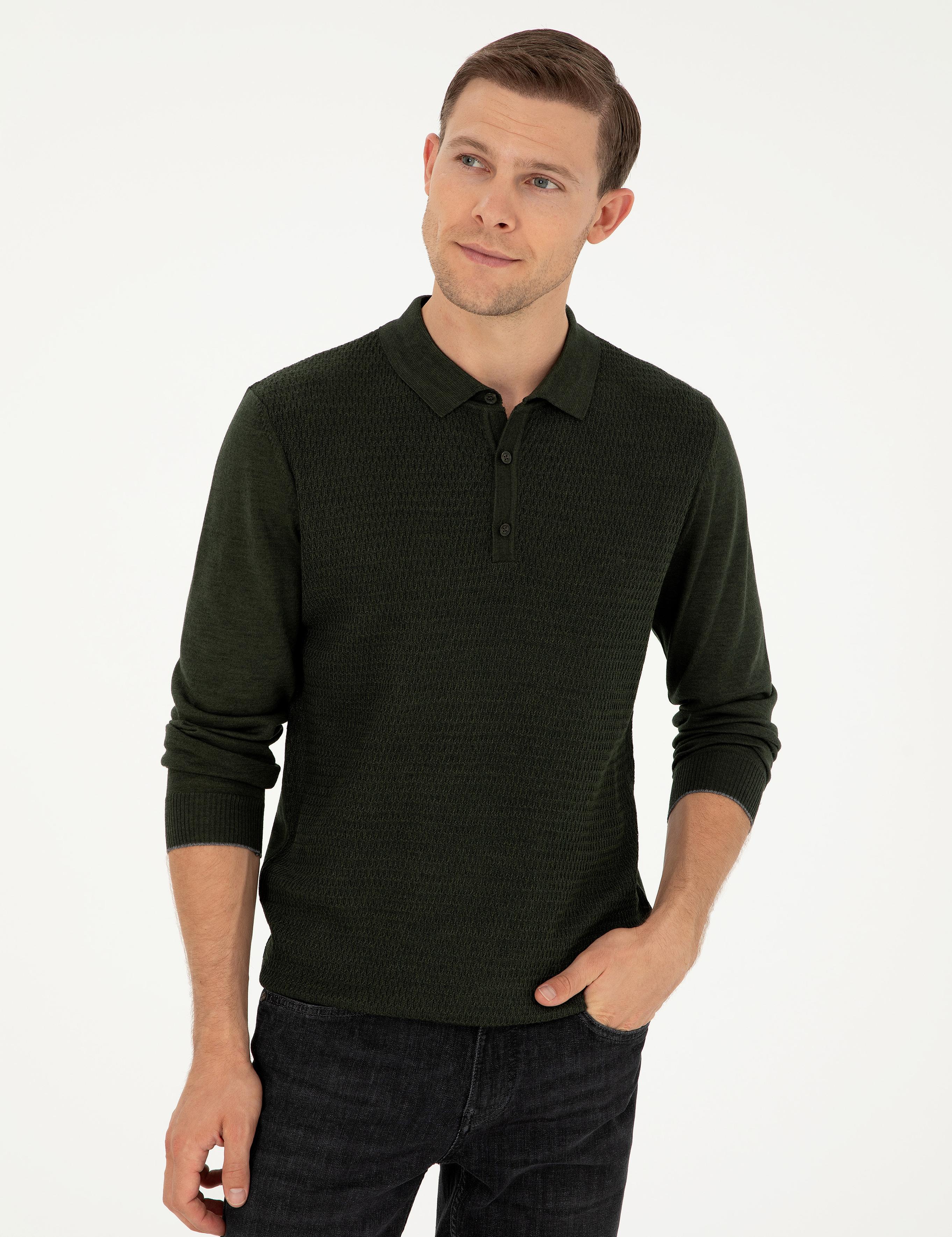 Haki Regular Fit Yün Karışımlı Polo Yaka Triko Kazak - 50279605005