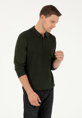 Haki Regular Fit Yün Karışımlı Polo Yaka Triko Kazak