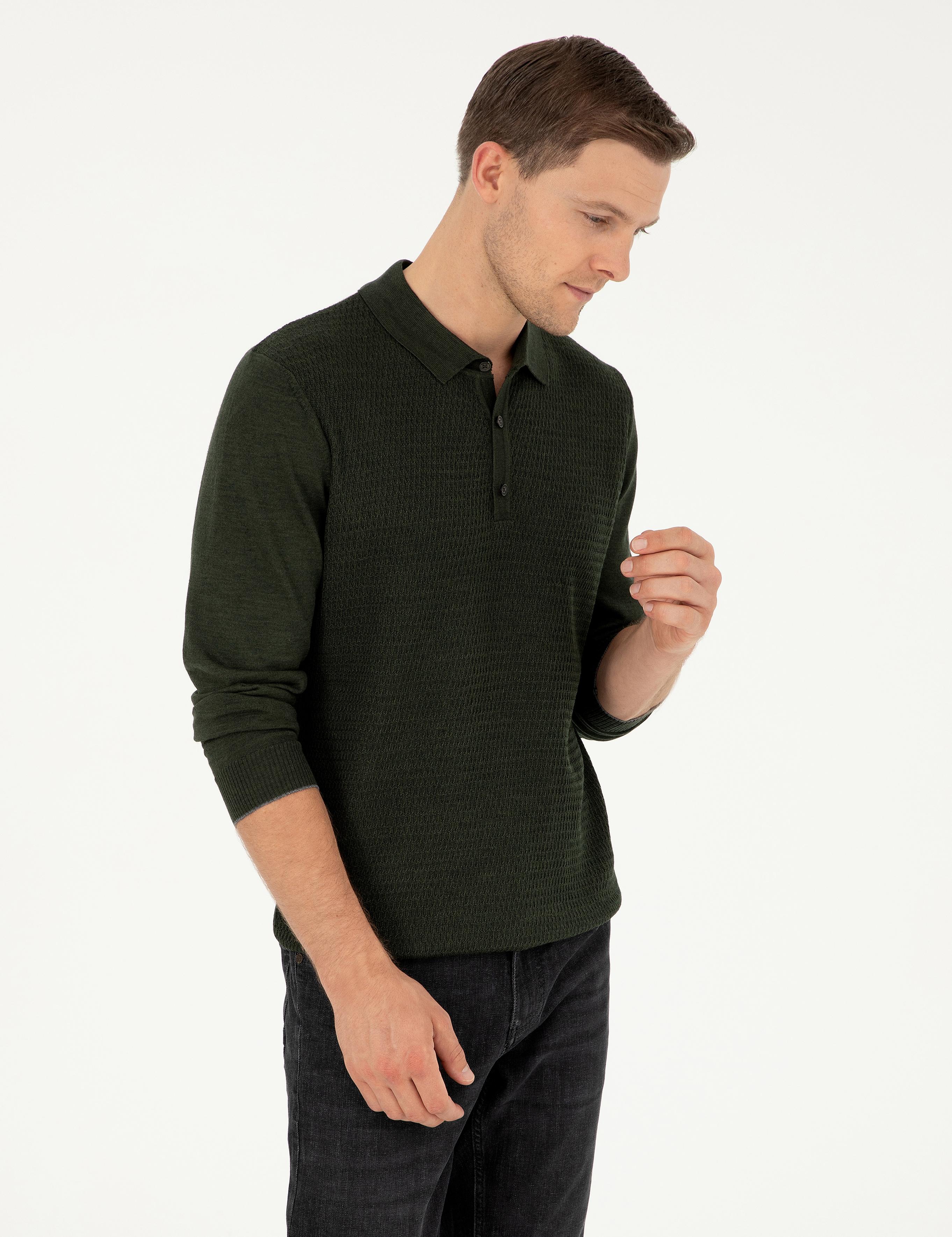 Haki Regular Fit Yün Karışımlı Polo Yaka Triko Kazak - 50279605005