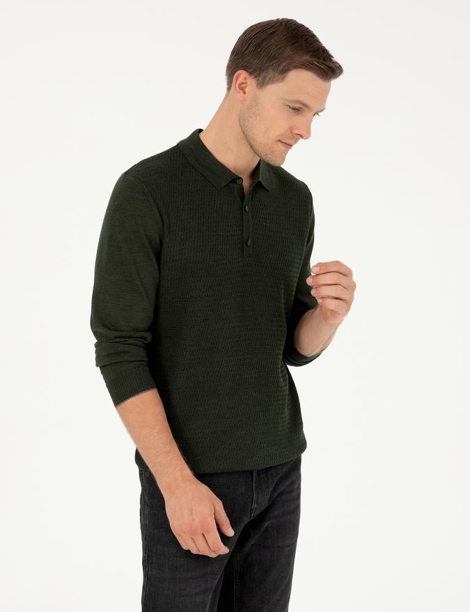 Haki Regular Fit Yün Karışımlı Polo Yaka Triko Kazak