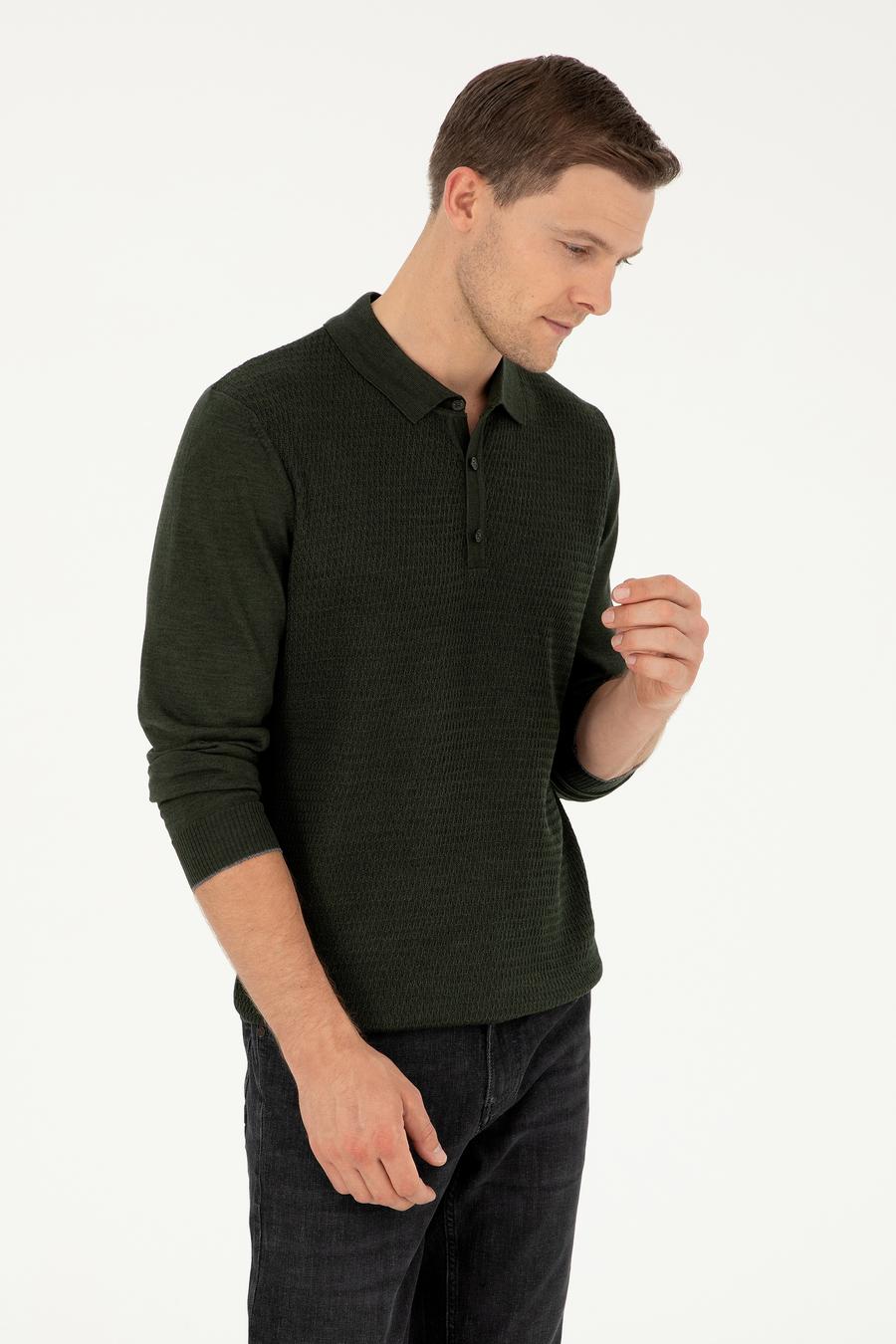 Haki Regular Fit Yün Karışımlı Polo Yaka Triko Kazak - 50279605005