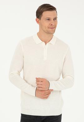 Ekru Regular Fit Polo Yaka Yün Karışımlı Triko Kazak