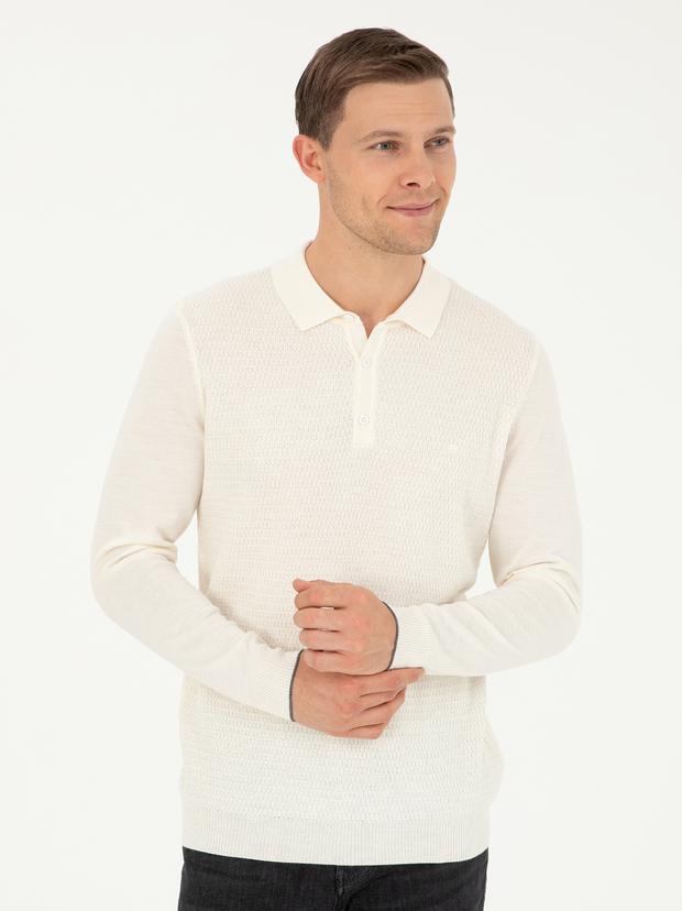 Ekru Regular Fit Polo Yaka Yün Karışımlı Triko Kazak