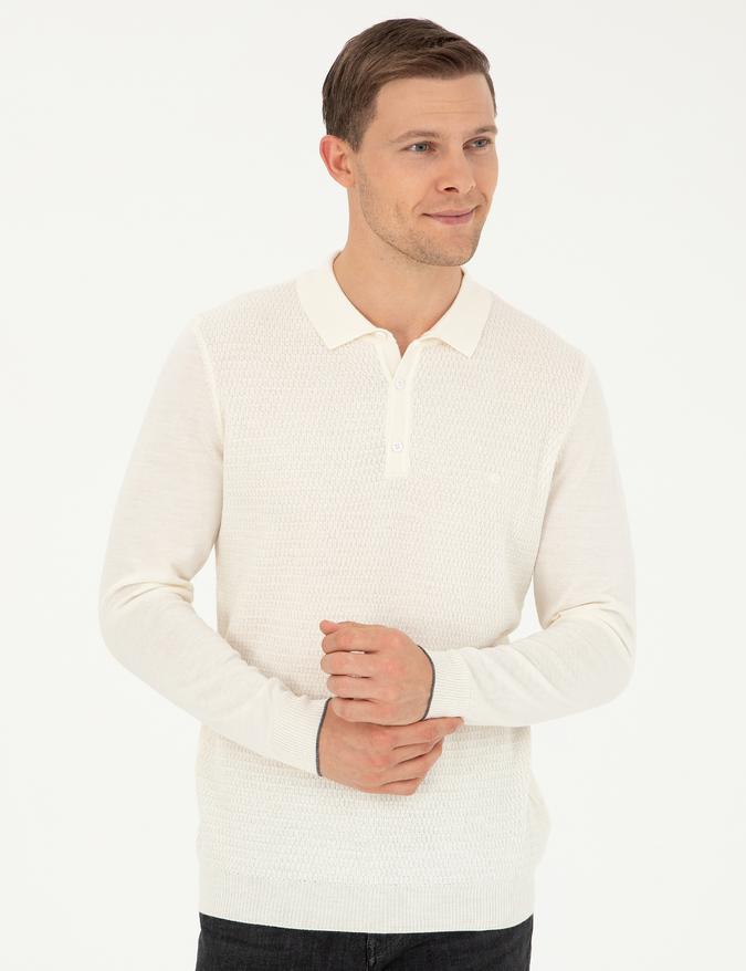 Ekru Regular Fit Polo Yaka Yün Karışımlı Triko Kazak