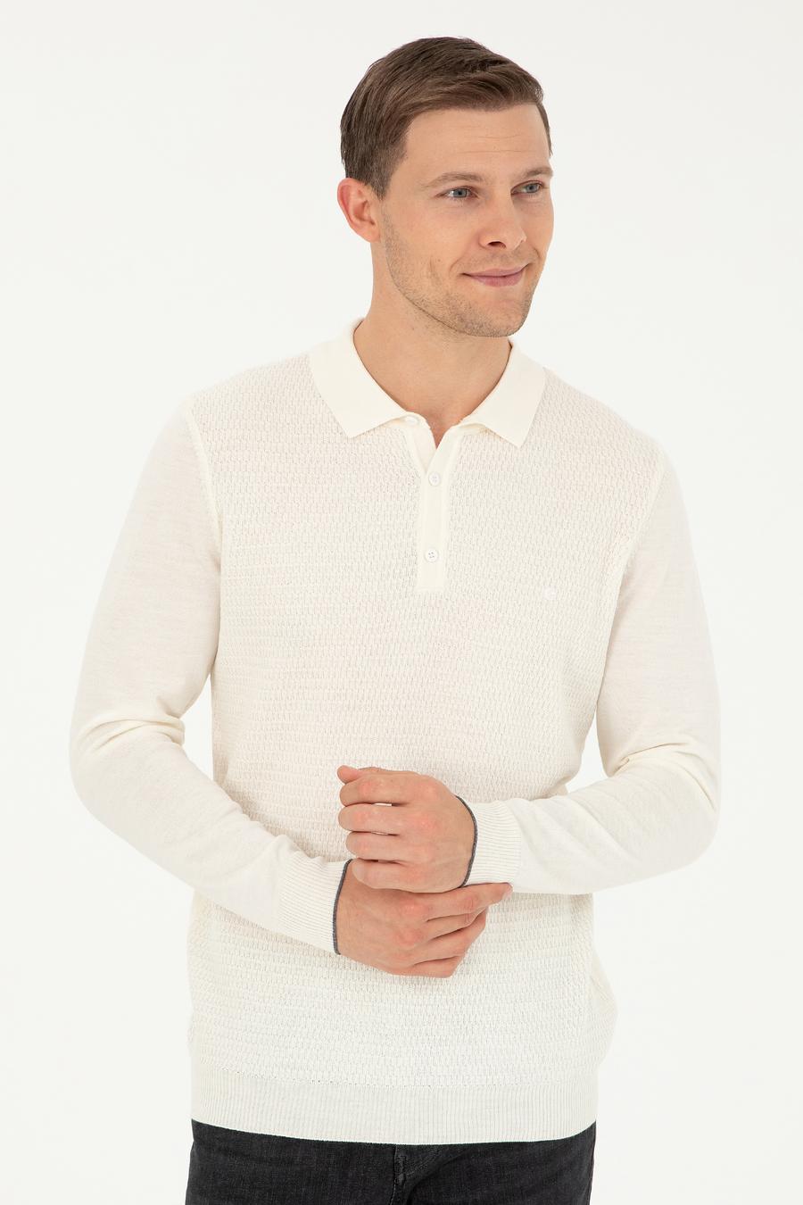 Ekru Regular Fit Polo Yaka Yün Karışımlı Triko Kazak - 50279605042
