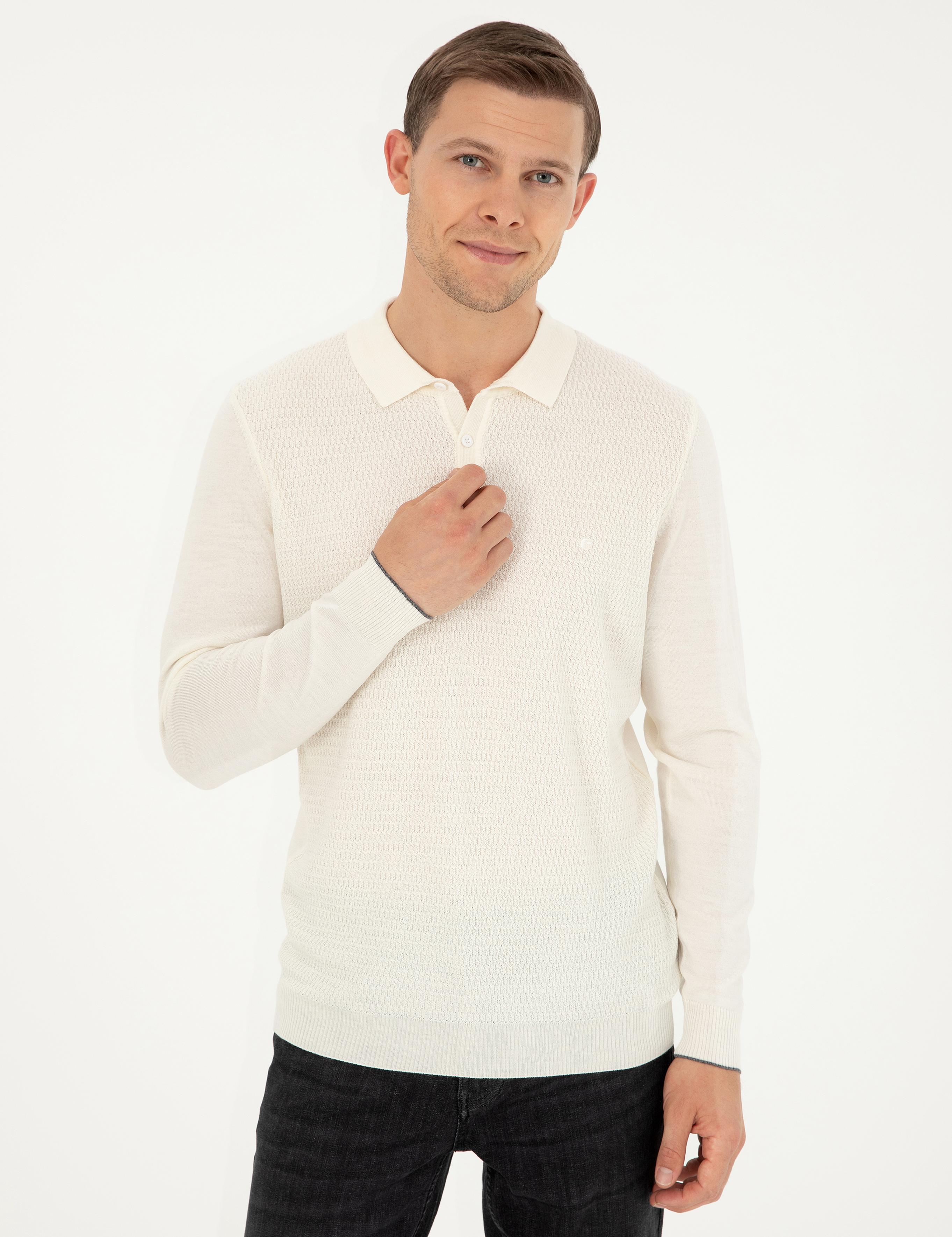 Ekru Regular Fit Polo Yaka Yün Karışımlı Triko Kazak - 50279605042