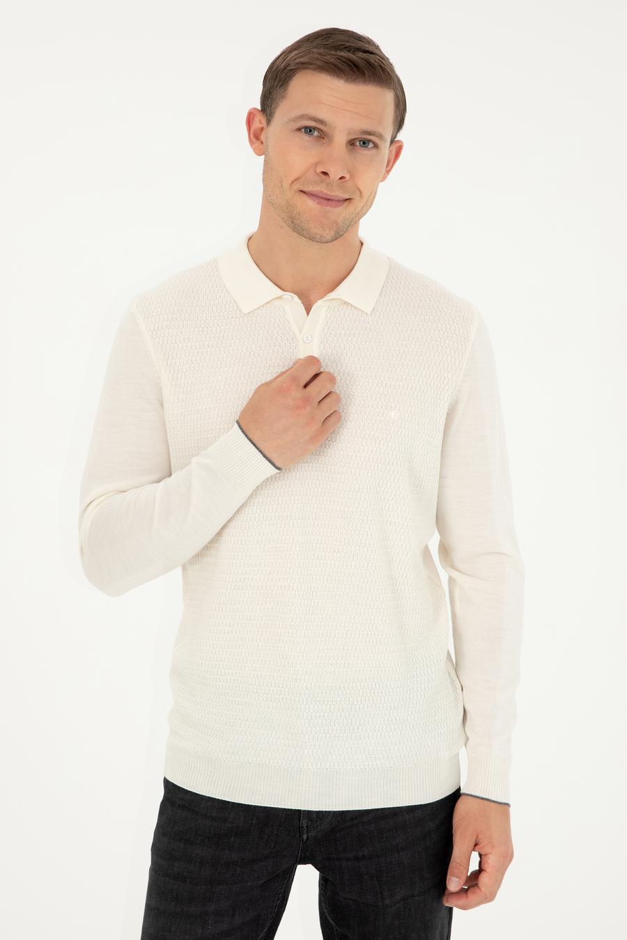 Ekru Regular Fit Polo Yaka Yün Karışımlı Triko Kazak - 50279605042