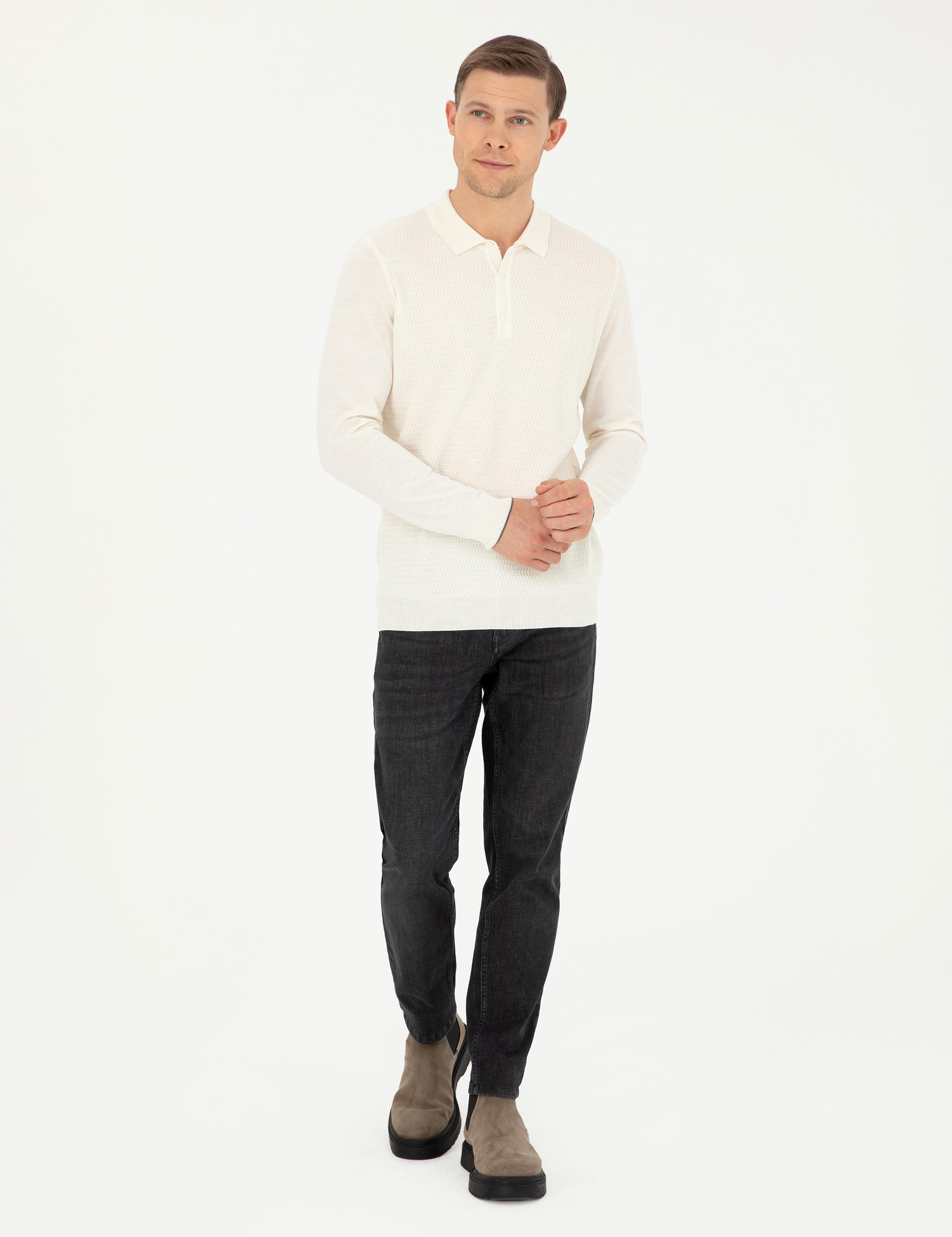 Ekru Regular Fit Polo Yaka Yün Karışımlı Triko Kazak - 50279605042