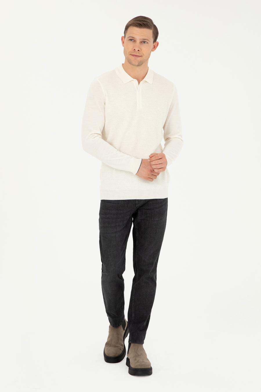 Ekru Regular Fit Polo Yaka Yün Karışımlı Triko Kazak - 50279605042