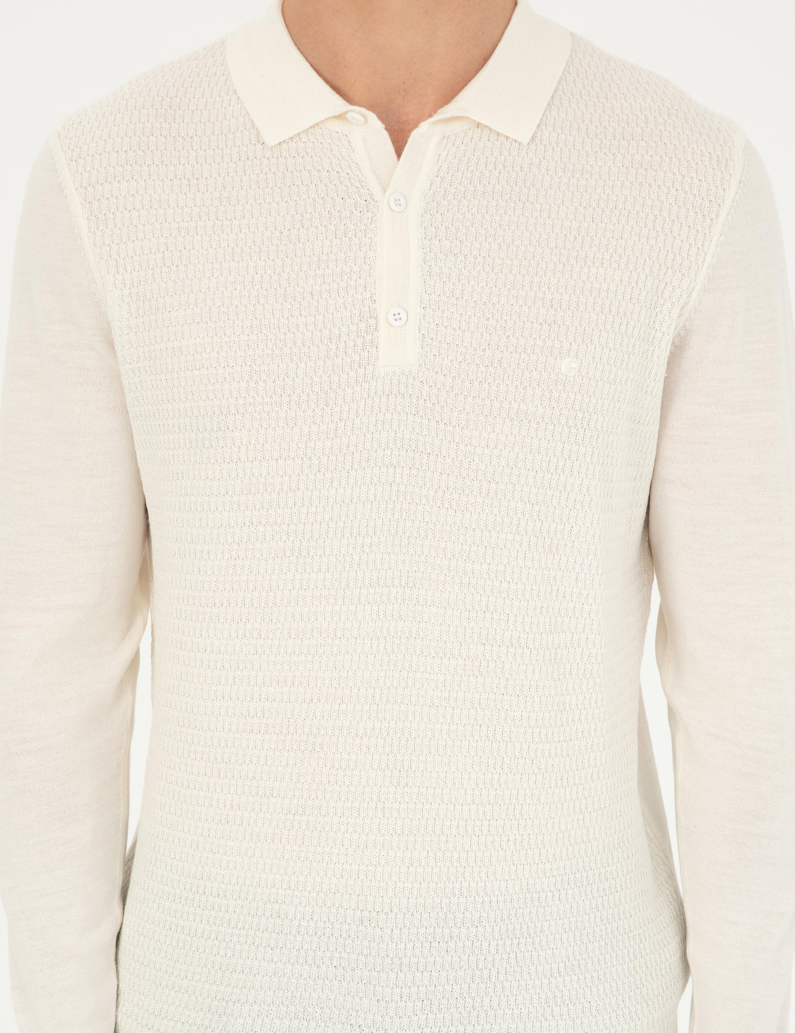 Ekru Regular Fit Polo Yaka Yün Karışımlı Triko Kazak - 50279605042