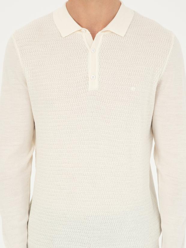 Ekru Regular Fit Polo Yaka Yün Karışımlı Triko Kazak