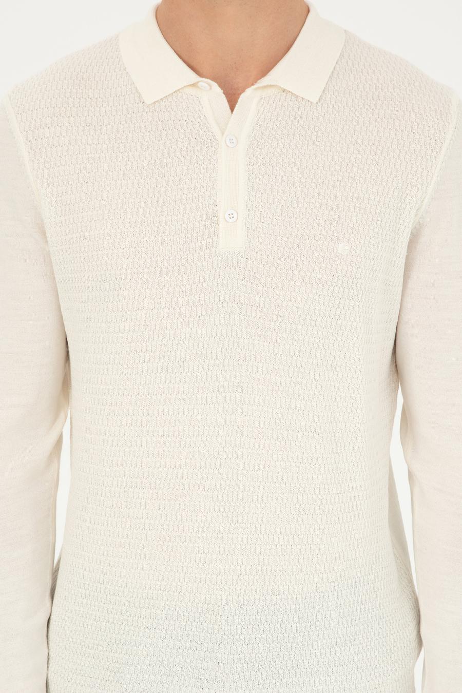 Ekru Regular Fit Polo Yaka Yün Karışımlı Triko Kazak - 50279605042