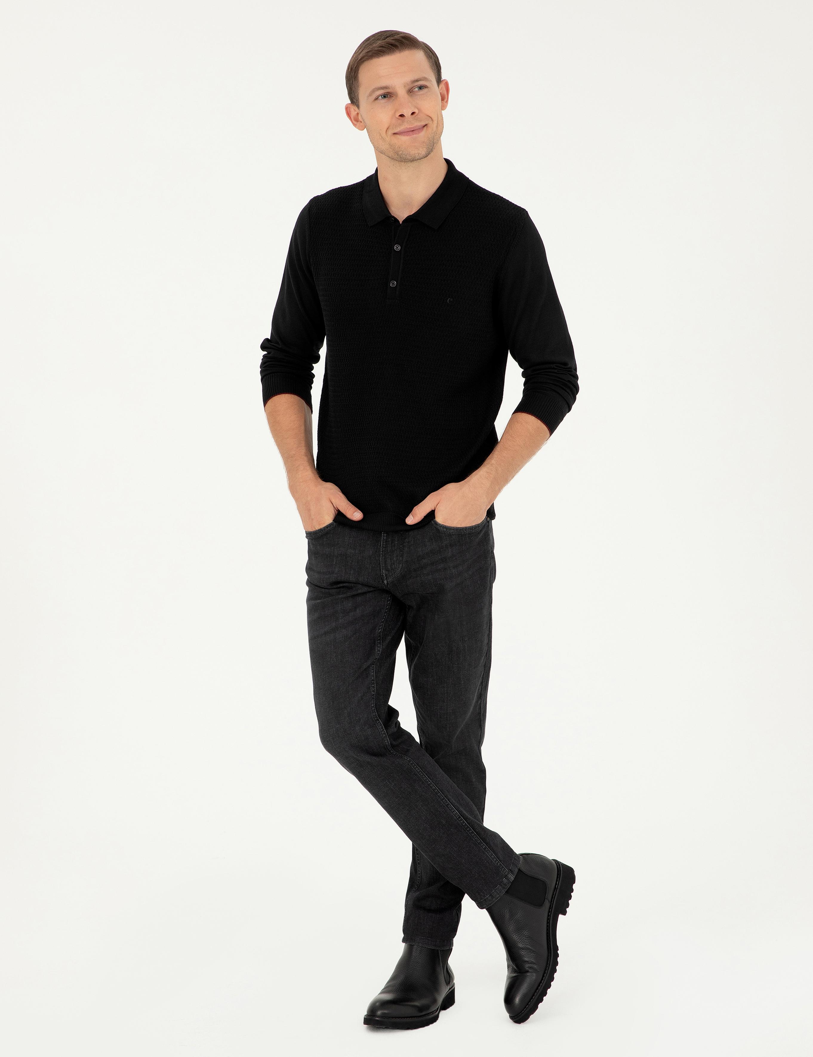 Siyah Regular Fit Yün Karışımlı Polo Yaka Triko Kazak - 50279605028