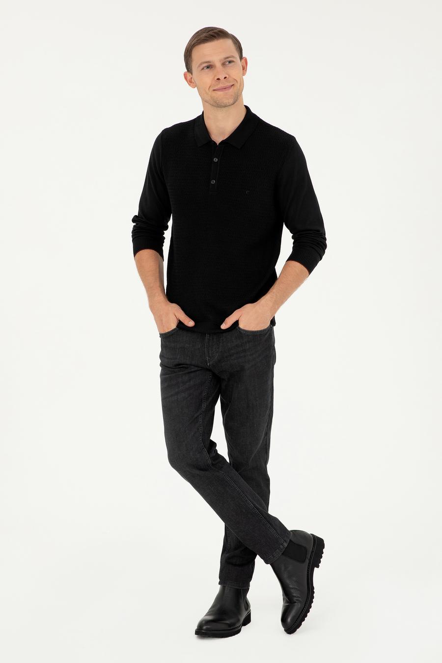 Siyah Regular Fit Yün Karışımlı Polo Yaka Triko Kazak - 50279605028