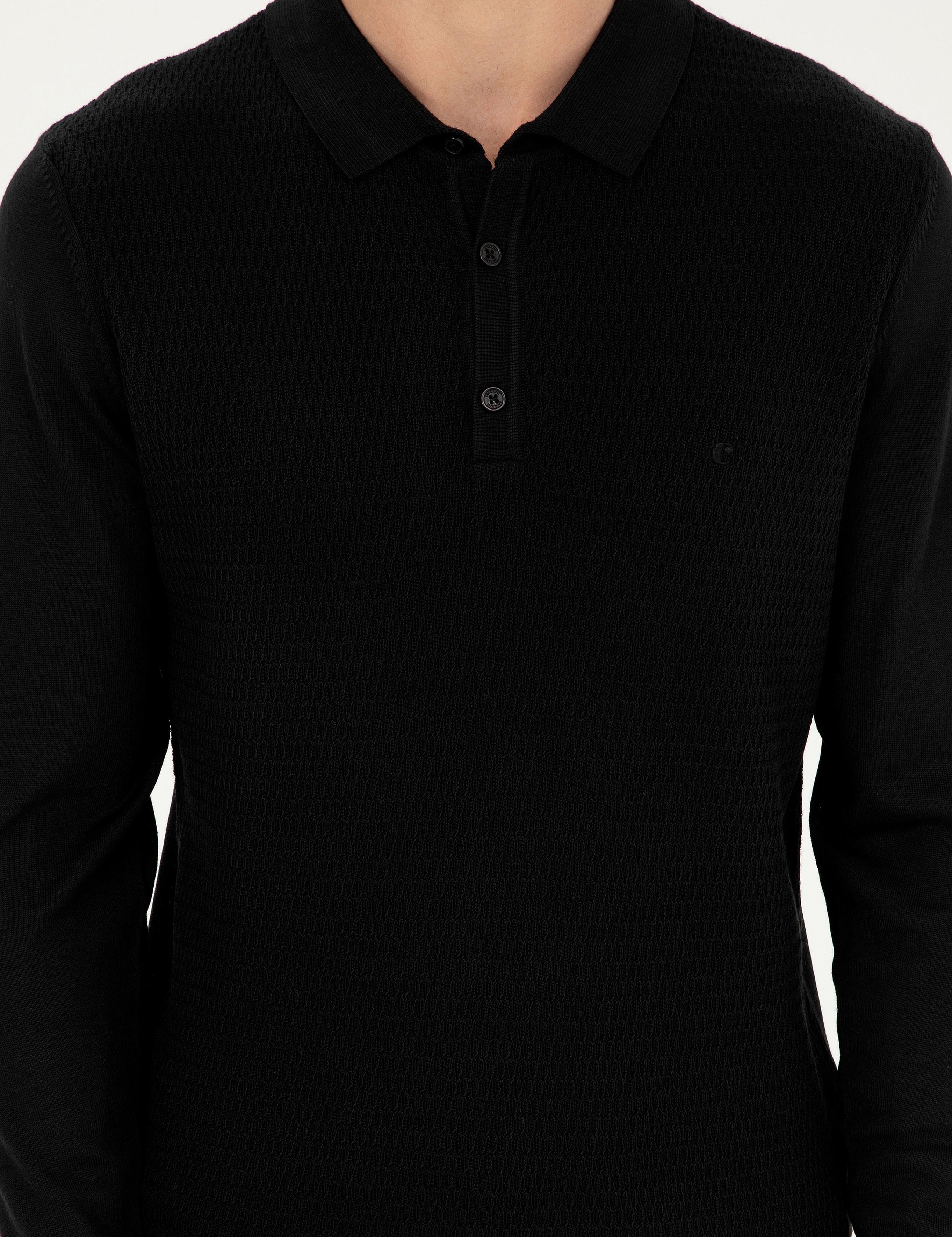Siyah Regular Fit Yün Karışımlı Polo Yaka Triko Kazak - 50279605028