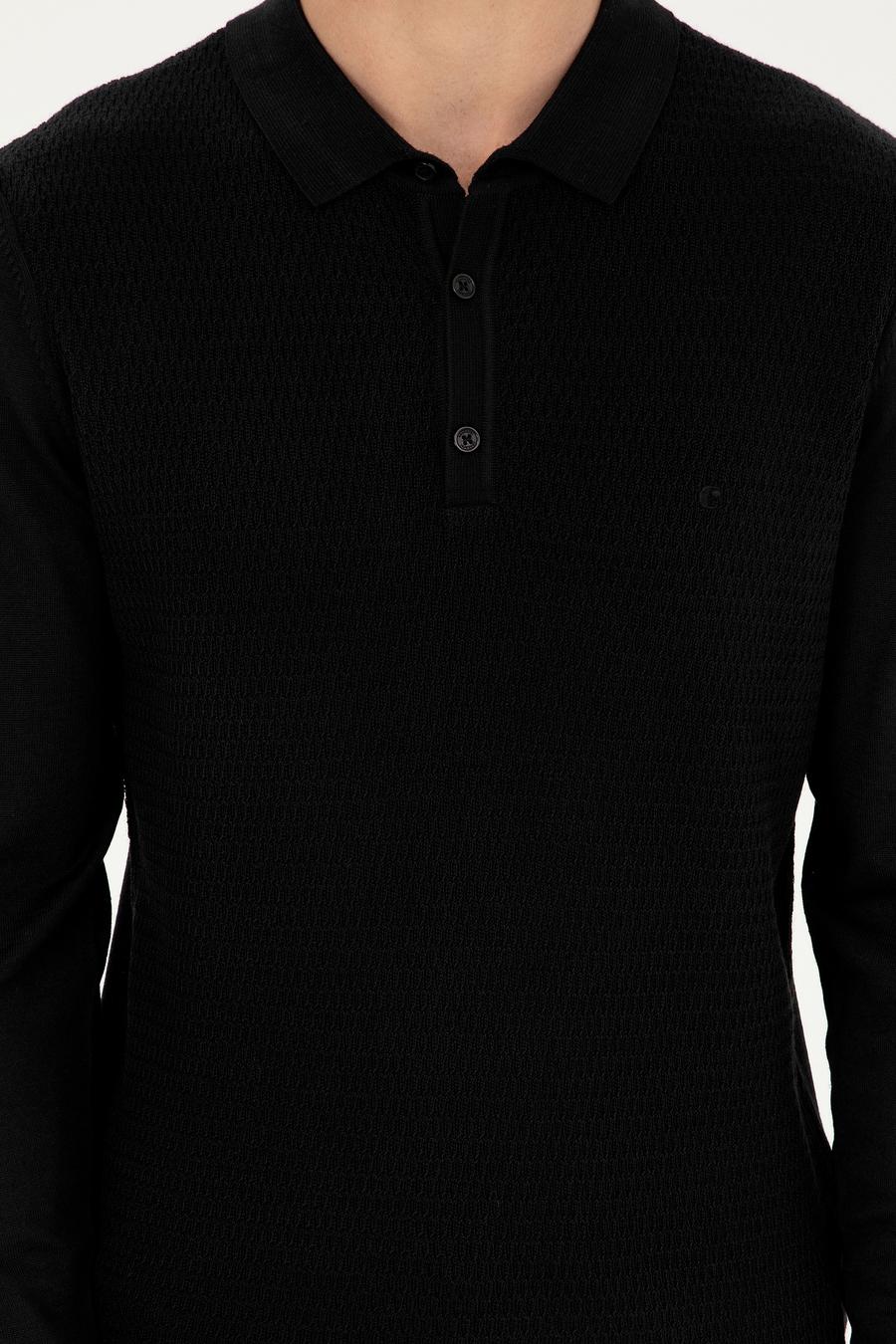 Siyah Regular Fit Yün Karışımlı Polo Yaka Triko Kazak - 50279605028
