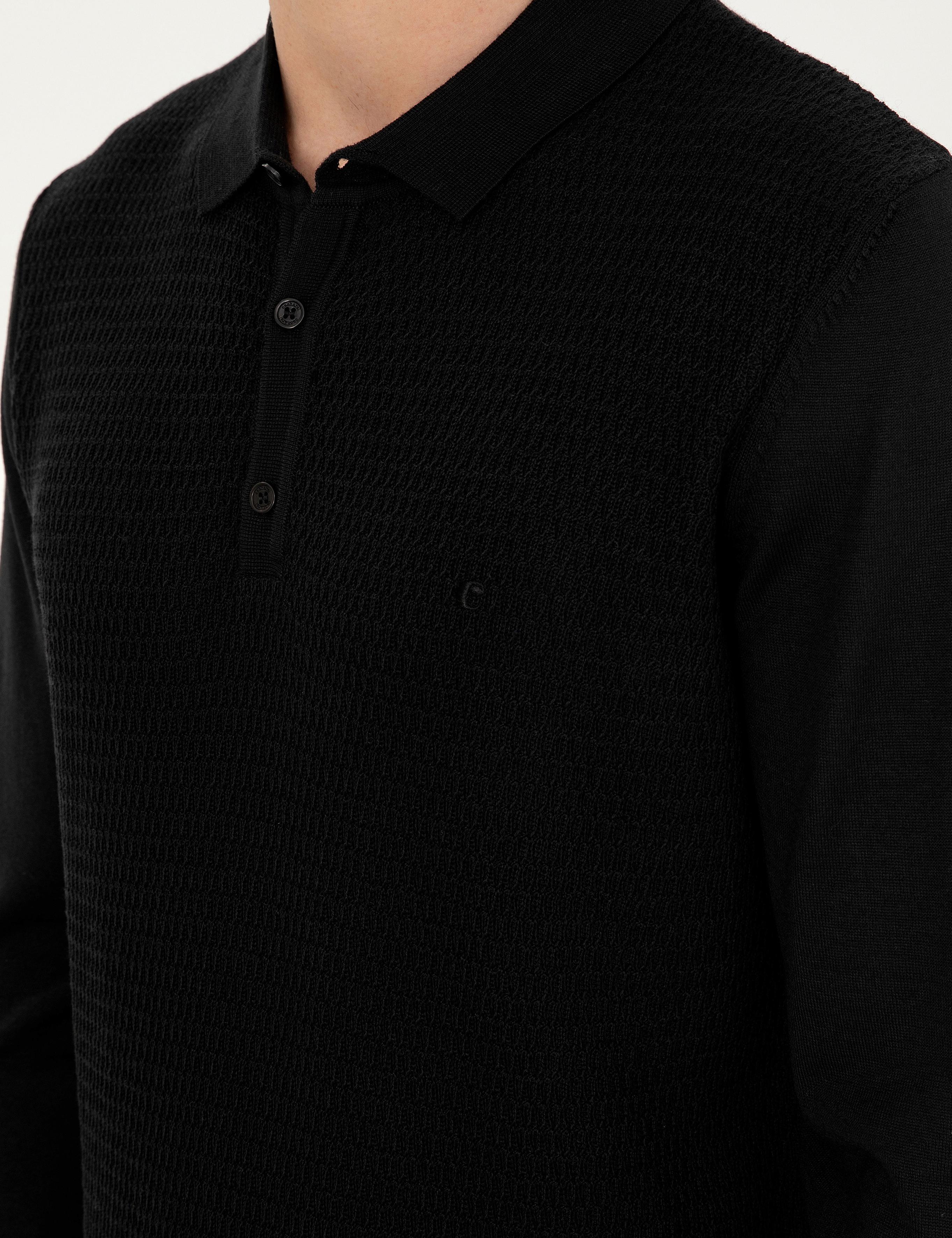 Siyah Regular Fit Yün Karışımlı Polo Yaka Triko Kazak - 50279605028
