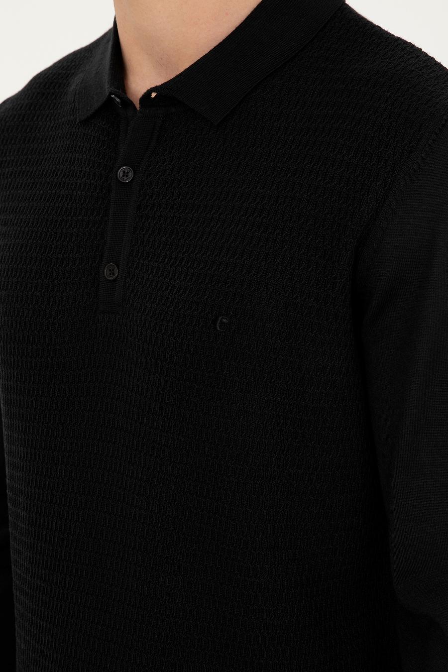 Siyah Regular Fit Yün Karışımlı Polo Yaka Triko Kazak - 50279605028