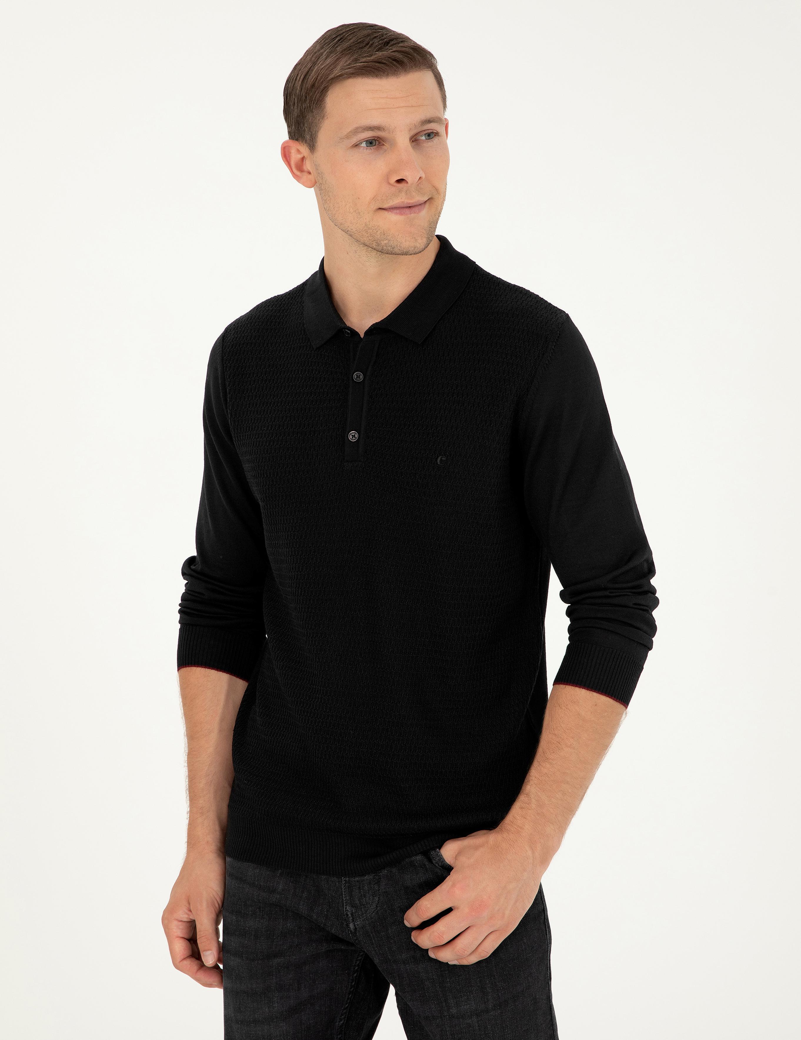 Siyah Regular Fit Yün Karışımlı Polo Yaka Triko Kazak - 50279605028