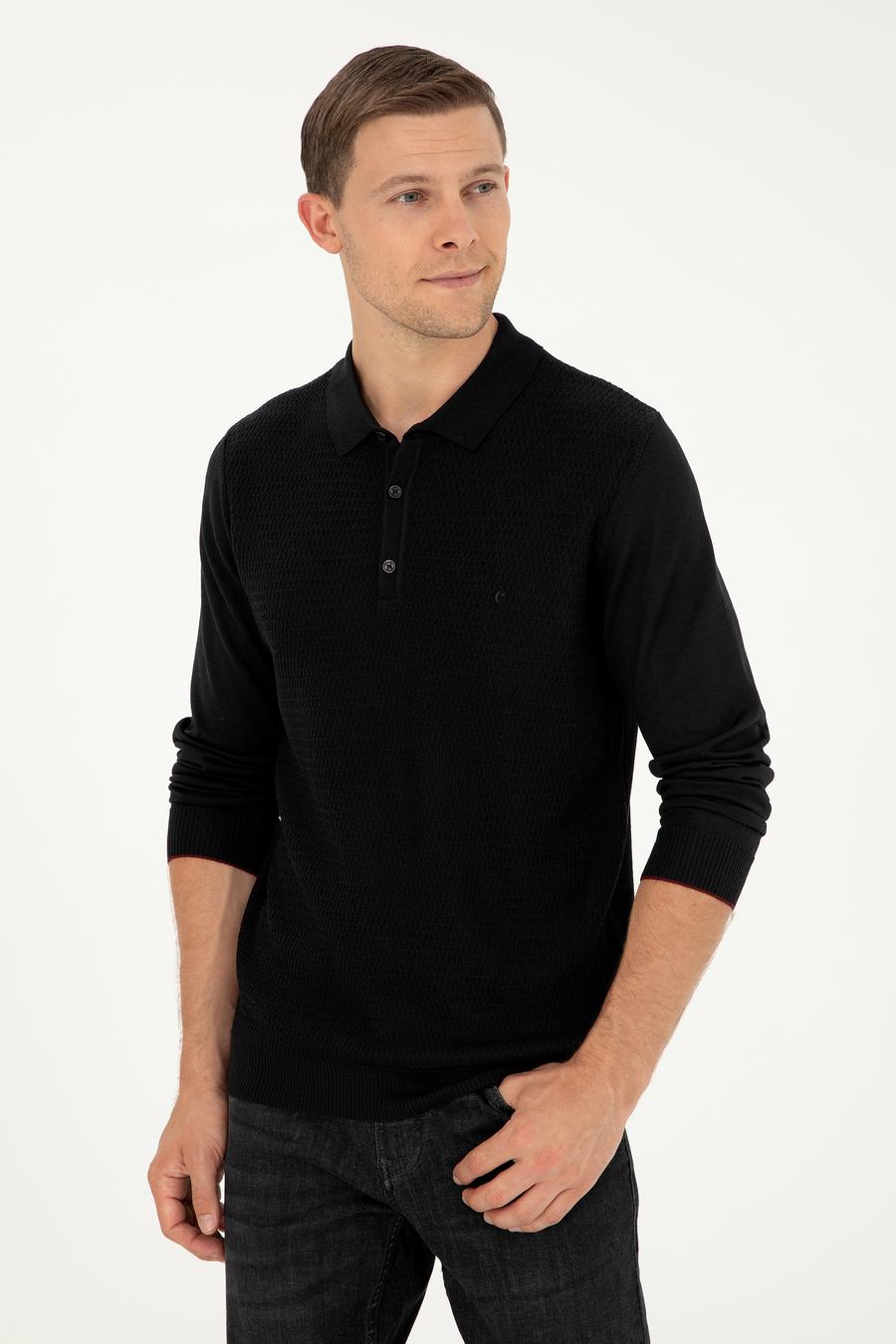 Siyah Regular Fit Yün Karışımlı Polo Yaka Triko Kazak - 50279605028