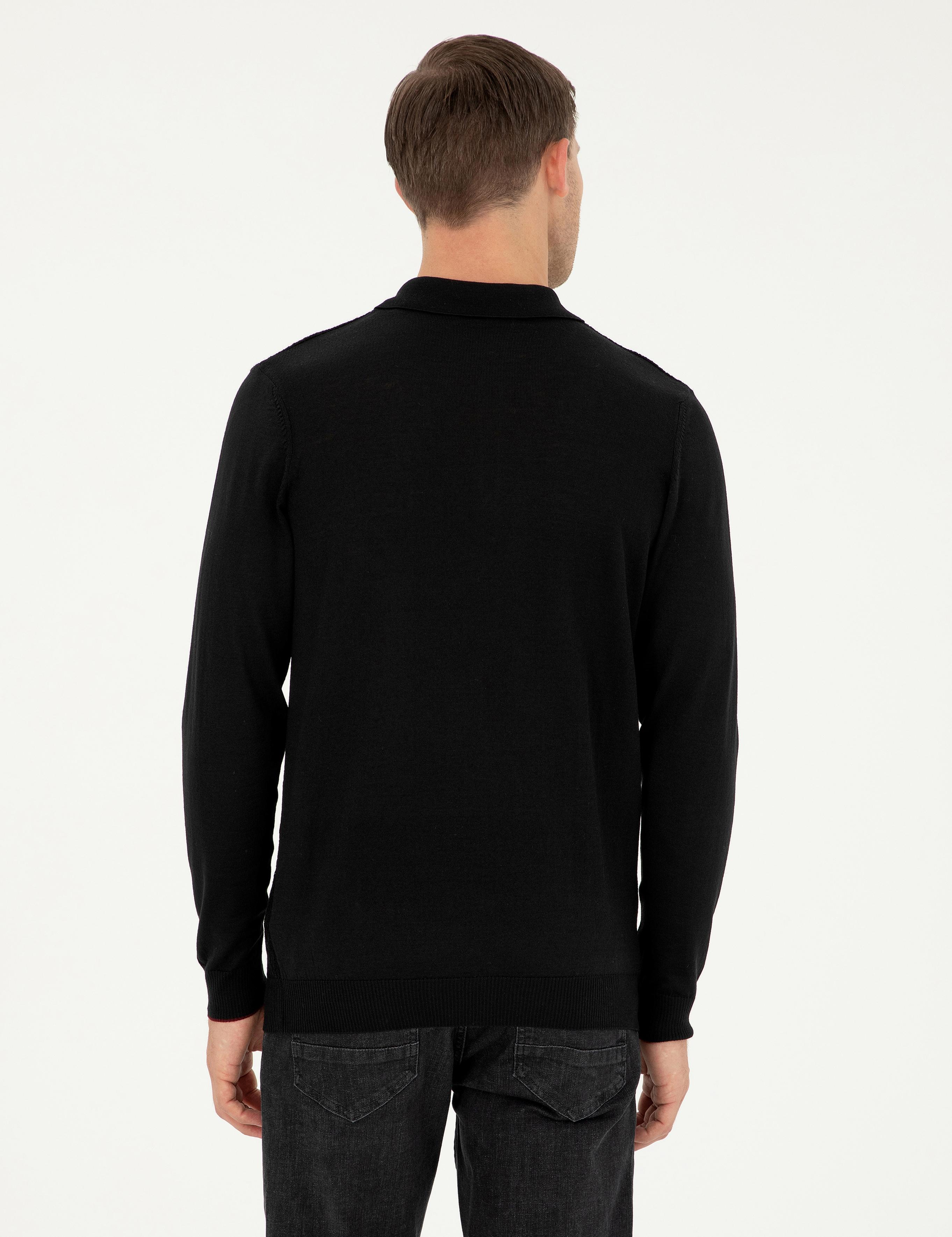 Siyah Regular Fit Yün Karışımlı Polo Yaka Triko Kazak - 50279605028