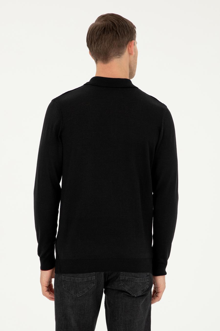 Siyah Regular Fit Yün Karışımlı Polo Yaka Triko Kazak - 50279605028