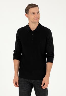 Siyah Regular Fit Yün Karışımlı Polo Yaka Triko Kazak