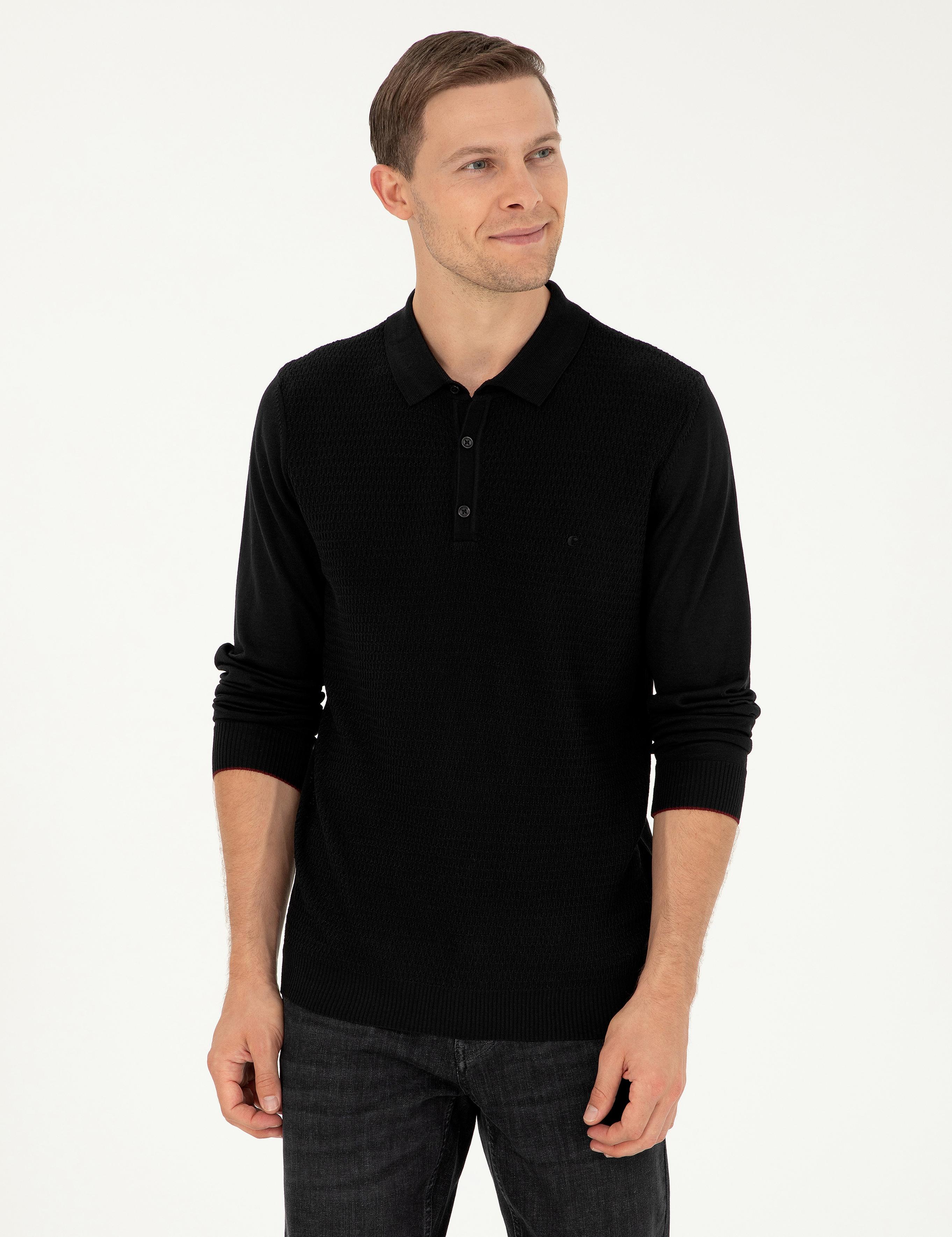 Siyah Regular Fit Yün Karışımlı Polo Yaka Triko Kazak - 50279605028