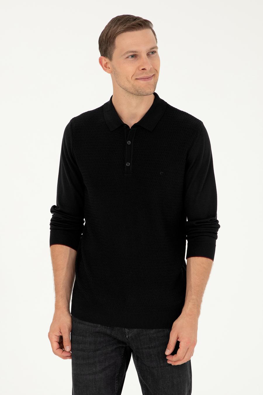 Siyah Regular Fit Yün Karışımlı Polo Yaka Triko Kazak - 50279605028