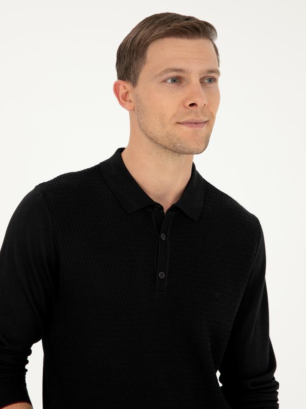 Siyah Regular Fit Yün Karışımlı Polo Yaka Triko Kazak