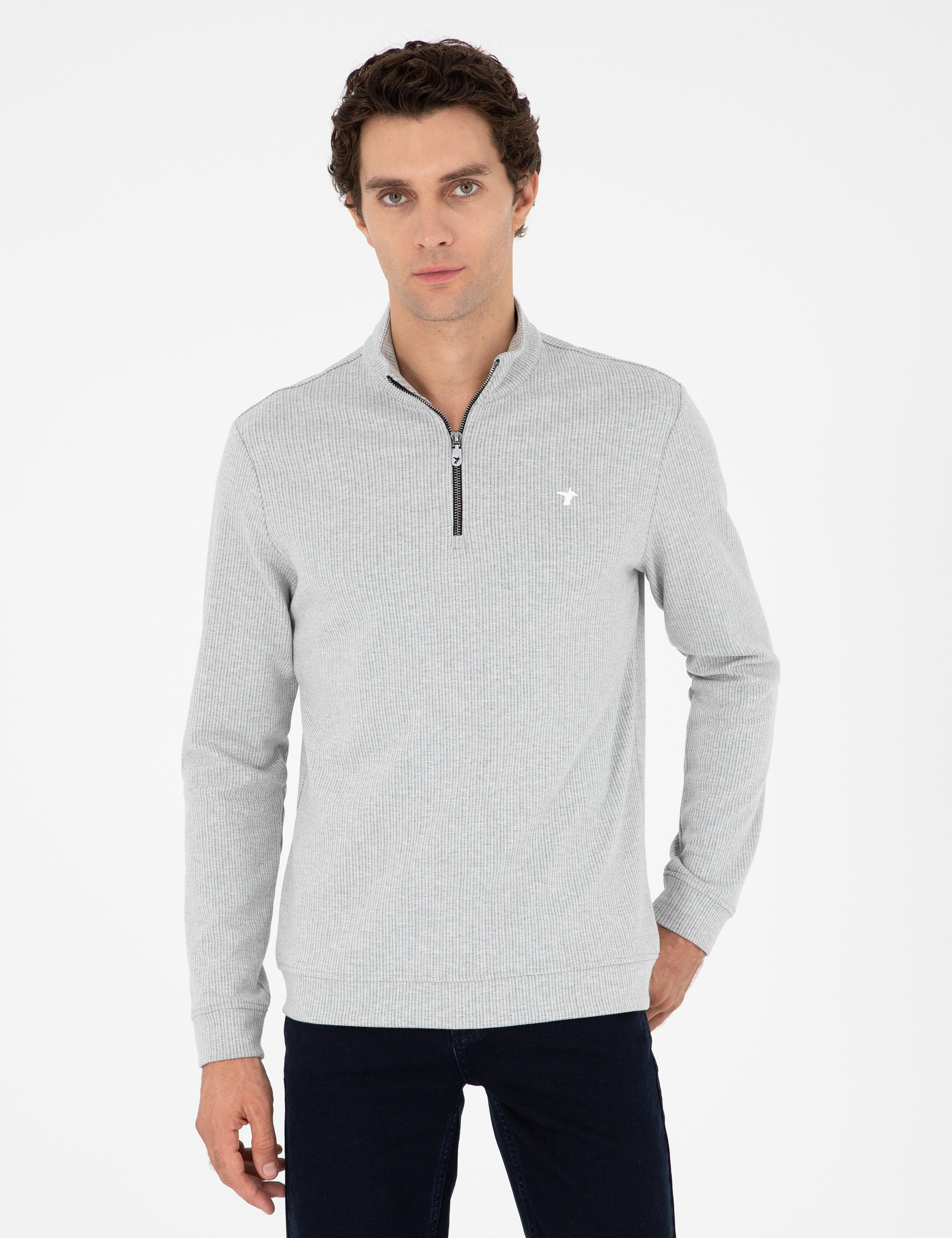 Gri Melanj Regular Fit Pamuk Karışımlı Yarım Fermuarlı Sweatshirt - 50294015003
