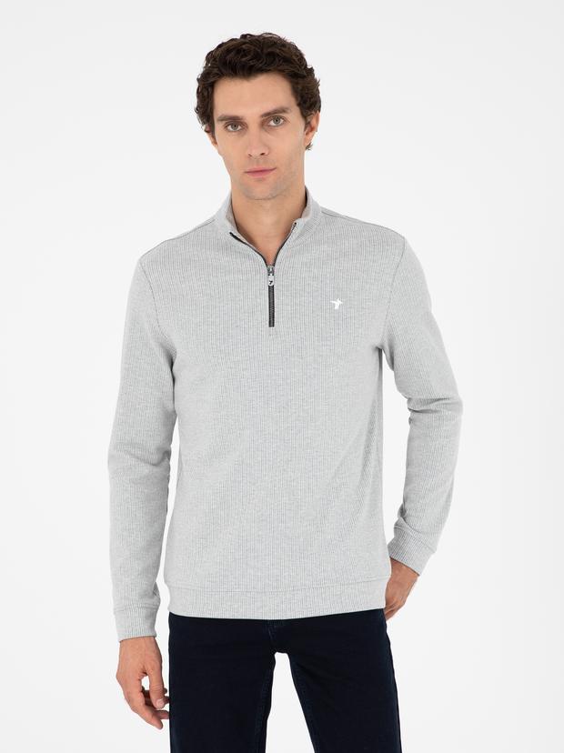 Gri Melanj Regular Fit Pamuk Karışımlı Yarım Fermuarlı Sweatshirt