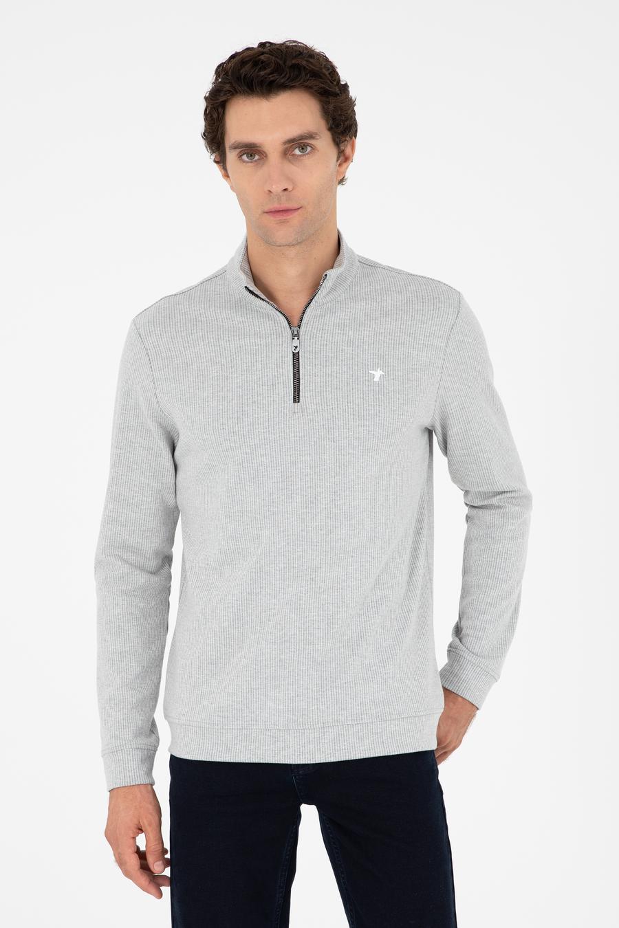 Gri Melanj Regular Fit Pamuk Karışımlı Yarım Fermuarlı Sweatshirt - 50294015003