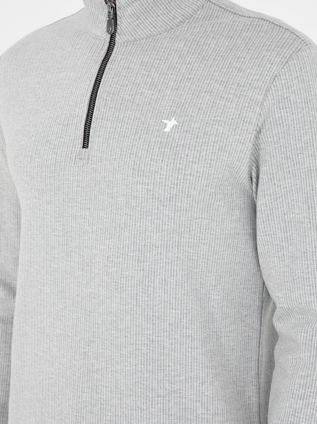 Gri Melanj Regular Fit Pamuk Karışımlı Yarım Fermuarlı Sweatshirt