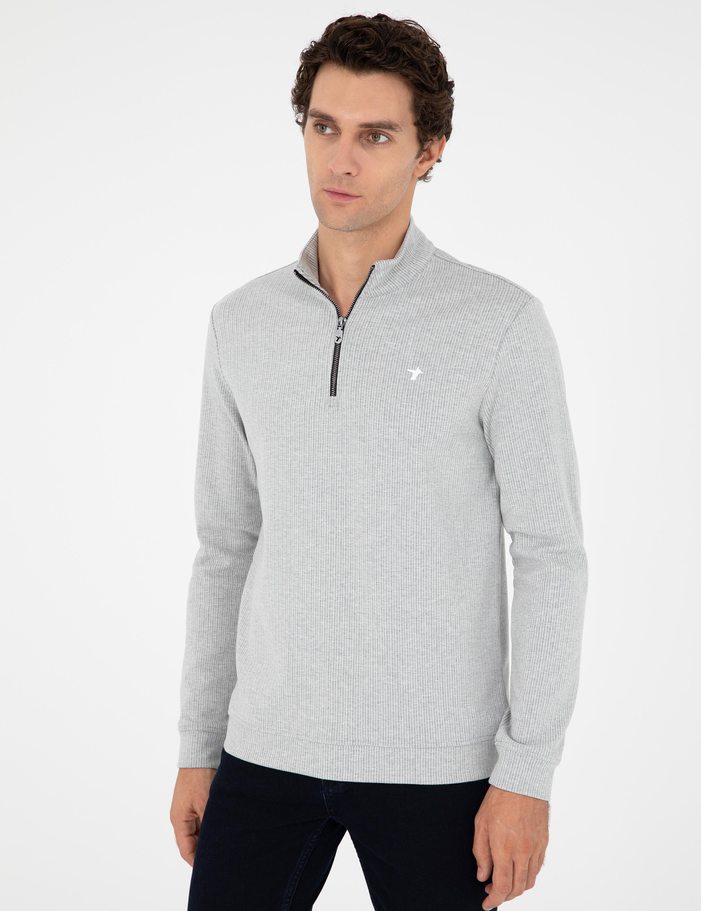 Gri Melanj Regular Fit Pamuk Karışımlı Yarım Fermuarlı Sweatshirt - 50294015003