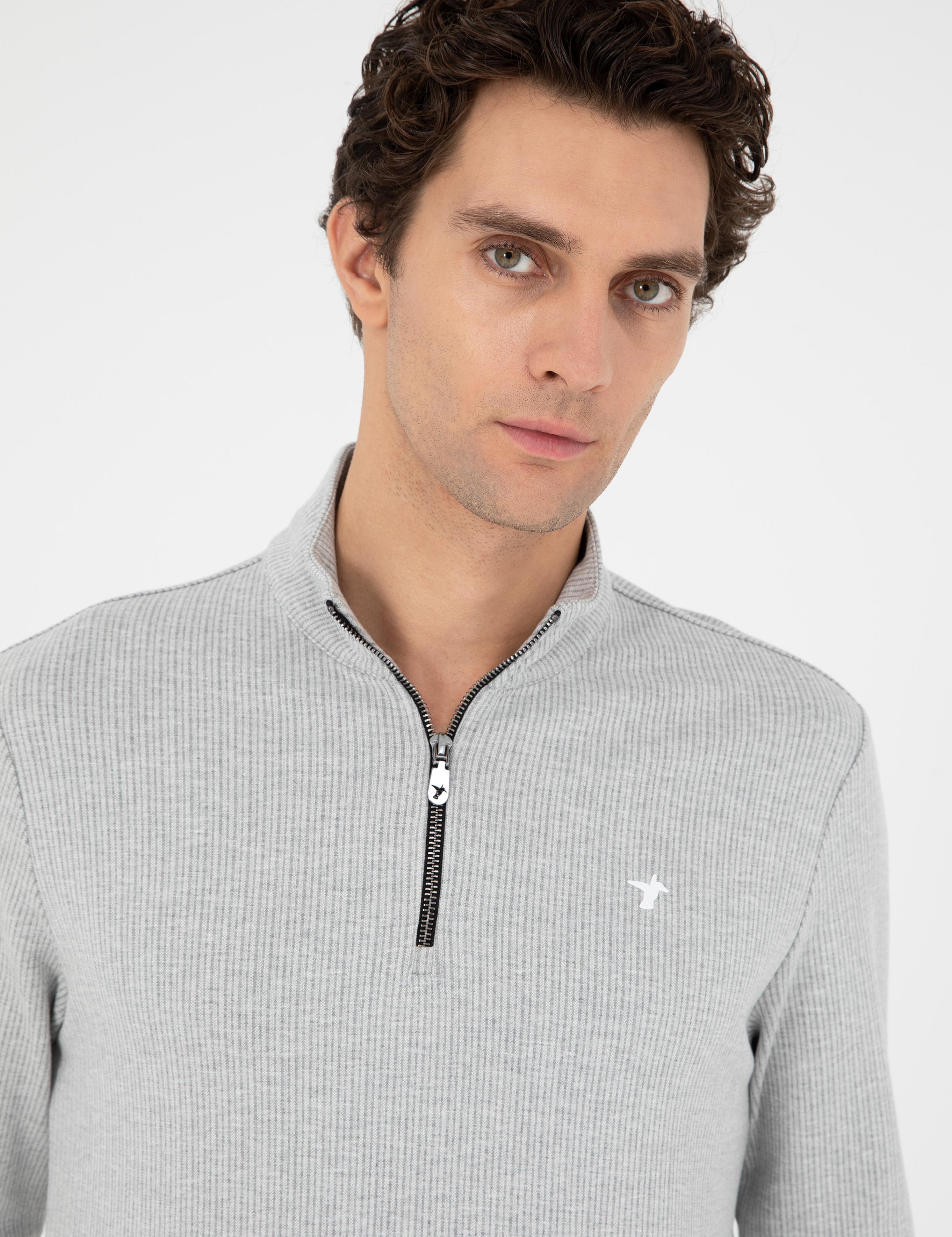 Gri Melanj Regular Fit Pamuk Karışımlı Yarım Fermuarlı Sweatshirt - 50294015003