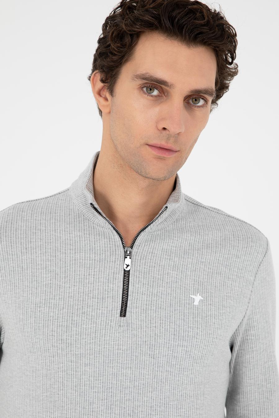 Gri Melanj Regular Fit Pamuk Karışımlı Yarım Fermuarlı Sweatshirt - 50294015003