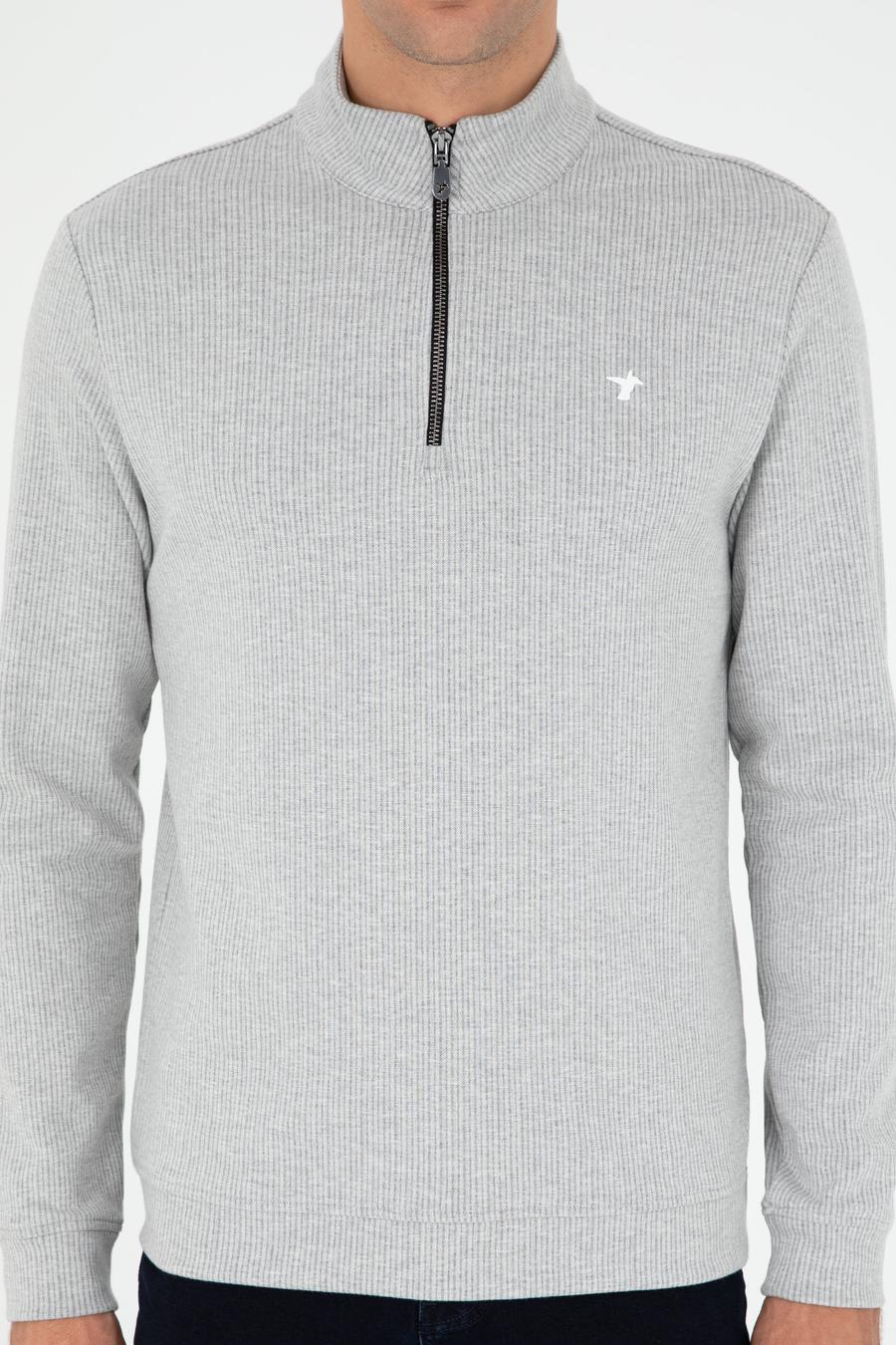 Gri Melanj Regular Fit Pamuk Karışımlı Yarım Fermuarlı Sweatshirt - 50294015003